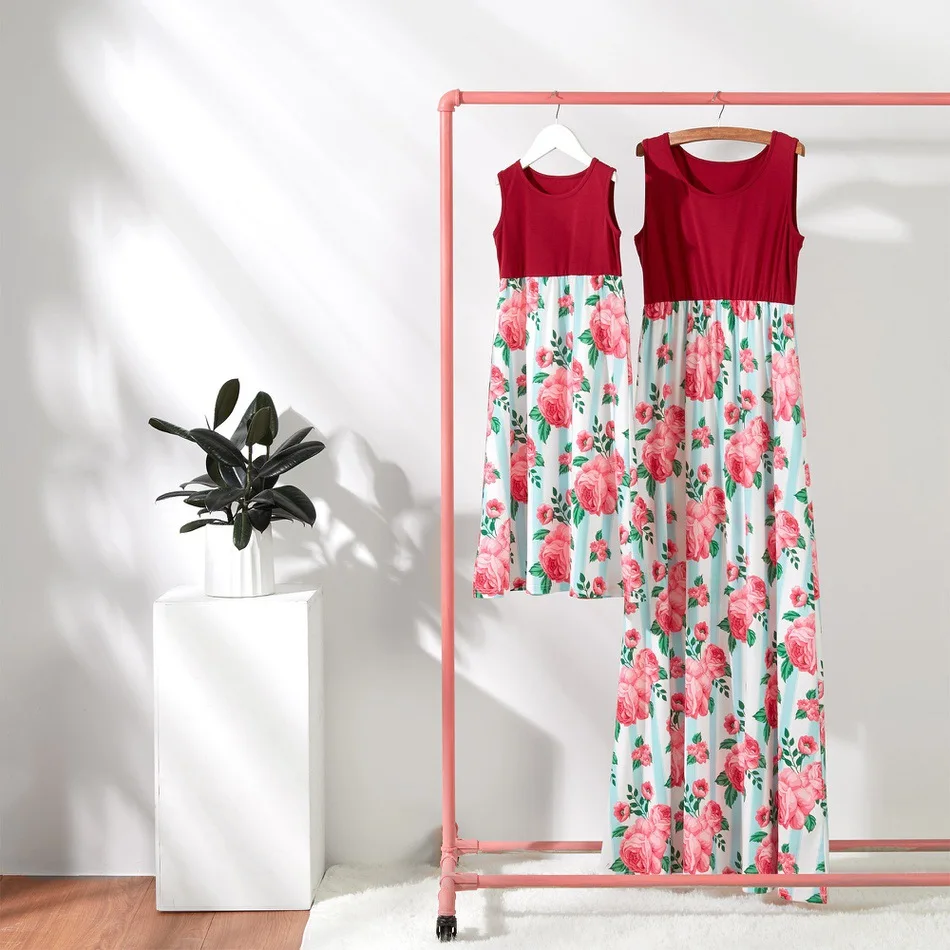 

ZOGAA 2019 Summer Vest Splice Dress Long Dress Mother and Daughter Clothes Red Rose Holiday Dress Family Matching Clothes