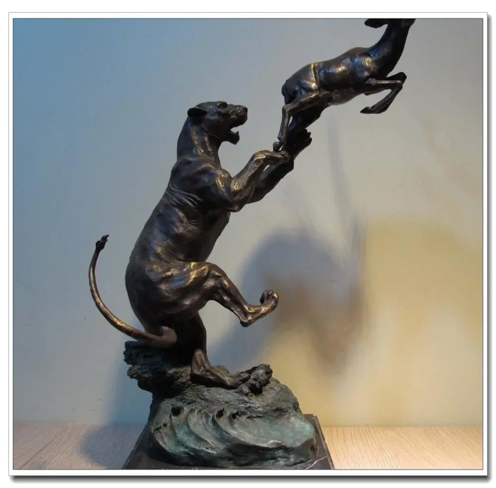 Western Art Copper Bronze Figurine Tiger Hunt Deer Marble base Statue