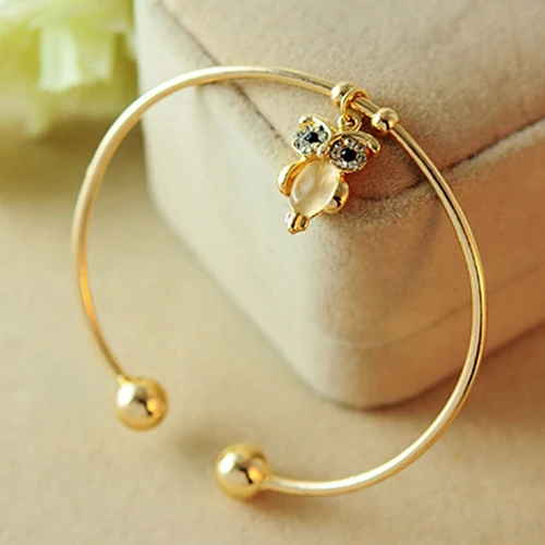 

Newest Women Fashion Cute Opal Owl Rhinestone Golden Tone Cuff Bracelet Bangle Jewelry