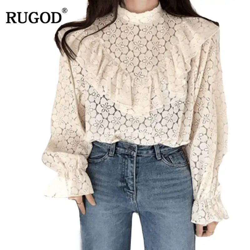 RUGOD, модная, бежевая, открытая, женская блузка, новинка, с оборками, рукав-фонарик, женские рубашки, весна, повседневная, стоячий воротник, кружевная блузка - Цвет: beige