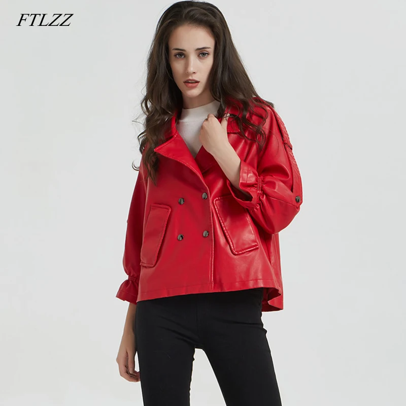 FTLZZ новая куртка из искусственной кожи женская двубортная широкий короткий рукав кожаные куртки женская красная черная Базовая куртка-бомбер верхняя одежда