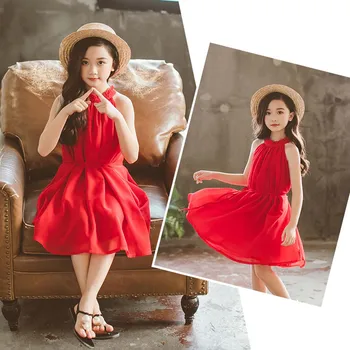 

2019 Children Clothes Girls Beautiful Chiffon Dress Quality Red Baby Girls Dress Teenager Kids Dress For Age 4-12 Years