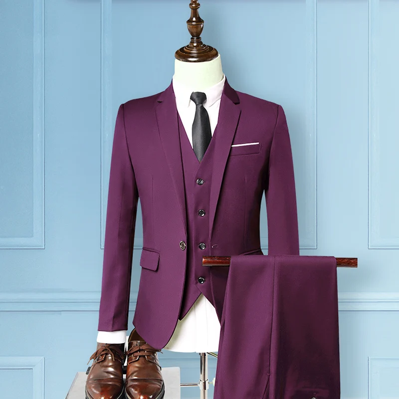 Men suit 3 piece set groom wedding dress business Slim solid color high quality (blazer +vest + pants) fashion classic suit male