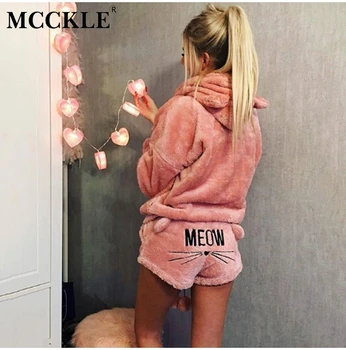 

Flannel Cartoon Autumn Women Pajama Sets Nightie Shorts Hooded Warm Pyjams Women Home Clothes 2020 Winter Animal Cat Pajamas Set