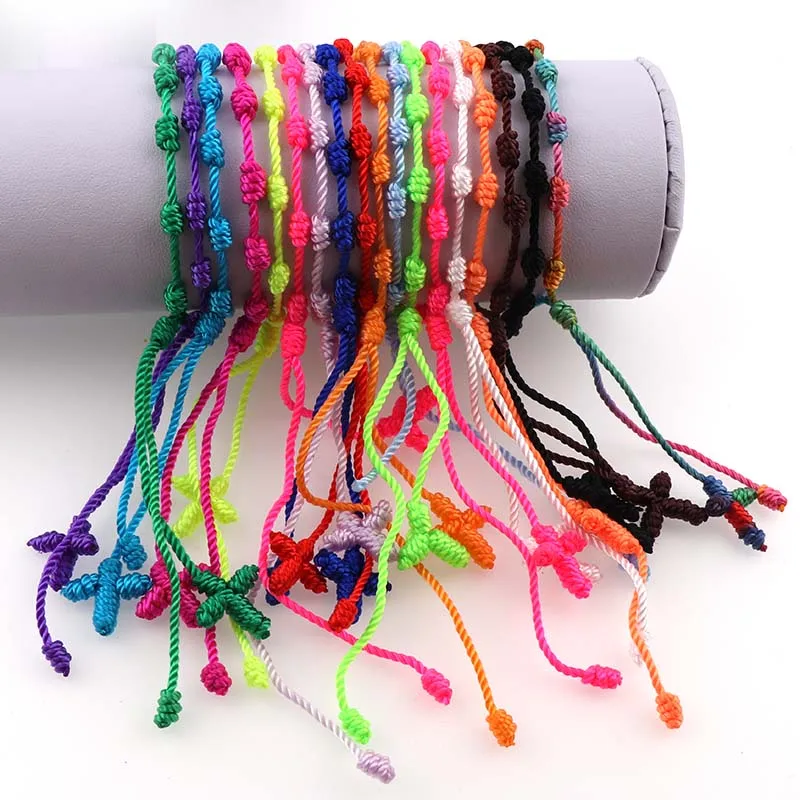 

Multicolor Handmade rope Knotted Cross Rosary Bracelets Pulseras Decenarios Cross Bracelets of Religious Gifts 12 pieces