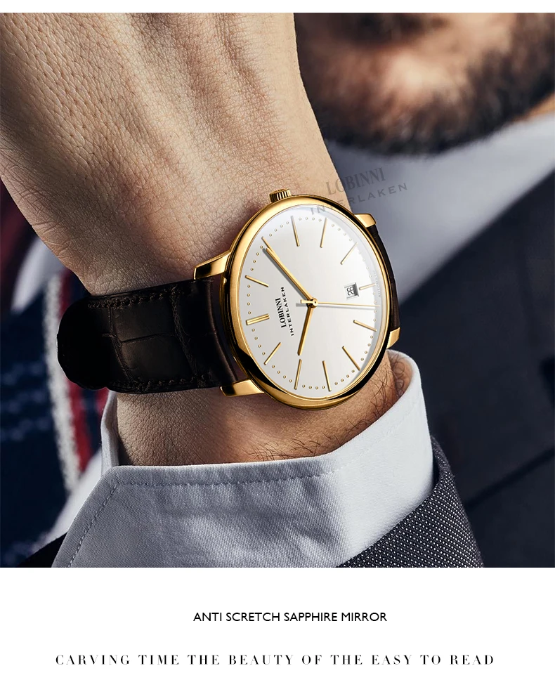 LOBINNI мужские деловые водонепроницаемые Модные Простые Стильные автоматические механические наручные часы-кожаный ремешок