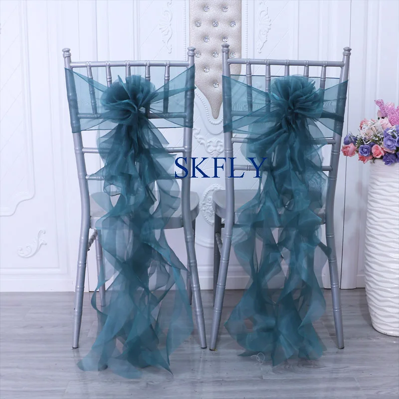 

CH098X new color cheap wedding party decoration nice birthday dark green organza curly willow frilly chair sash