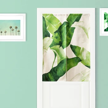 

Tropical plants Watercolor green leaves modern Door Curtain Linen Tapestry Study Bedroom Home Decor Bedroom Kitchen Curtain