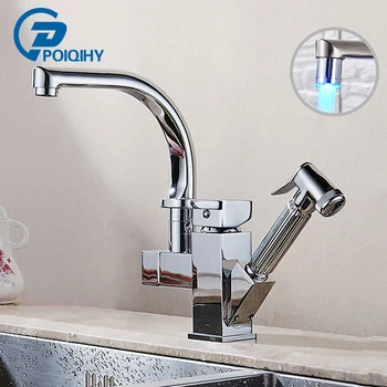 

POIQIHY Chorme Pull Out Kitchen Faucets Dual Spout Kitchen Mixer Taps Deck Mounted Shower Sprayer Hot Cold Mixer Single Hole