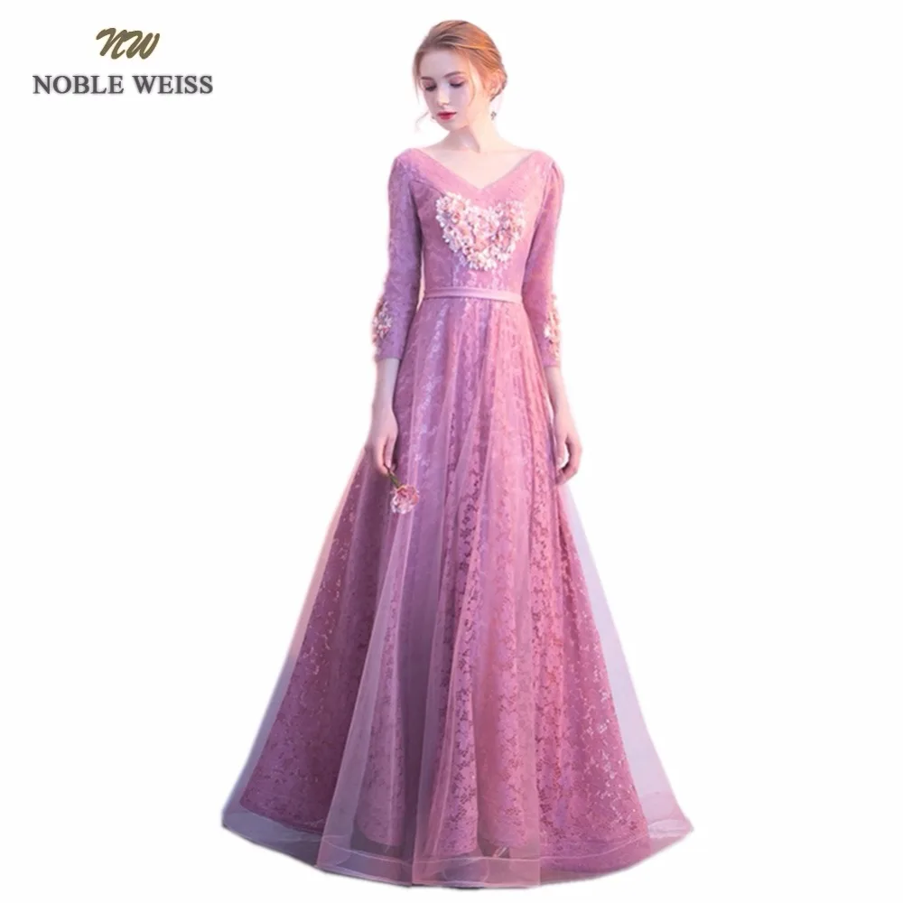 

NOBLE WEISS Floor Length Prom Dresses Lace Flower Robe De Soiree A-Line V-Neck Tulle Prom Dress With 3/4 Sleeves