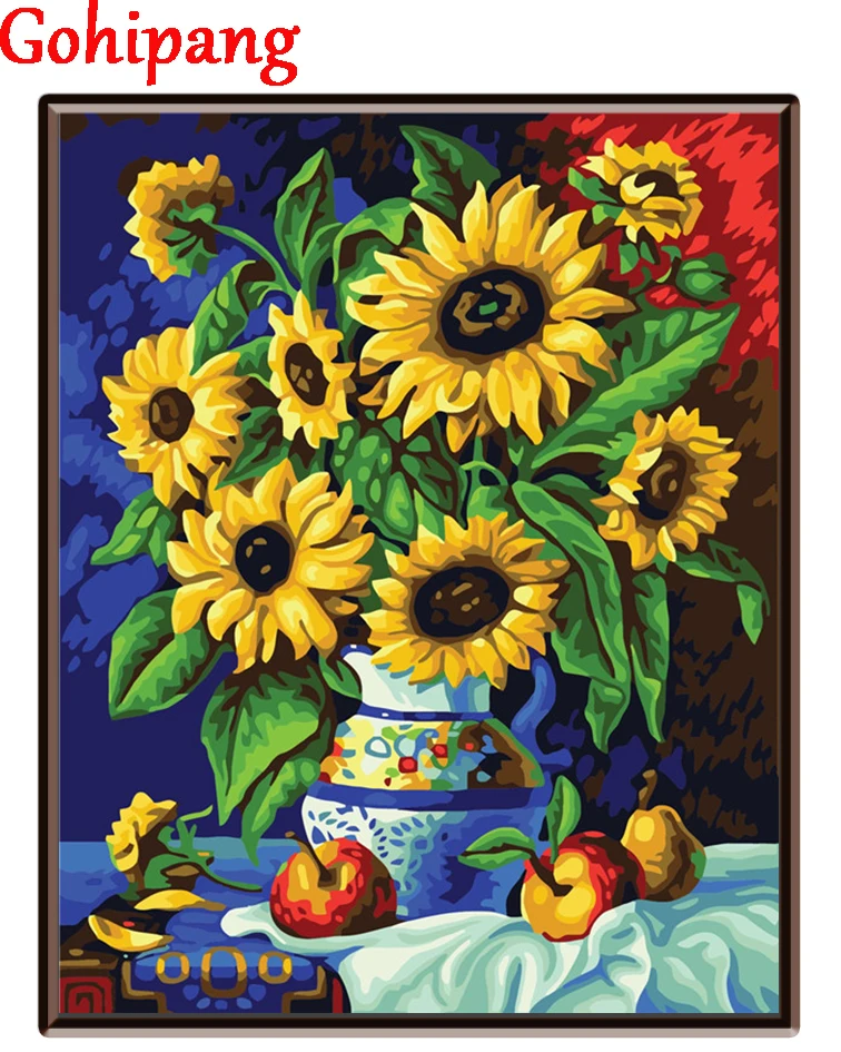 Vas bunga matahari diy lukisan minyak dengan angka kanvas gambar kaligrafi dengan nomor mewarnai cat akrilik lukisan Framed 16x20in