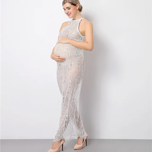 Maternity Photo Shoot Long White Lace Dress Pregnant Women