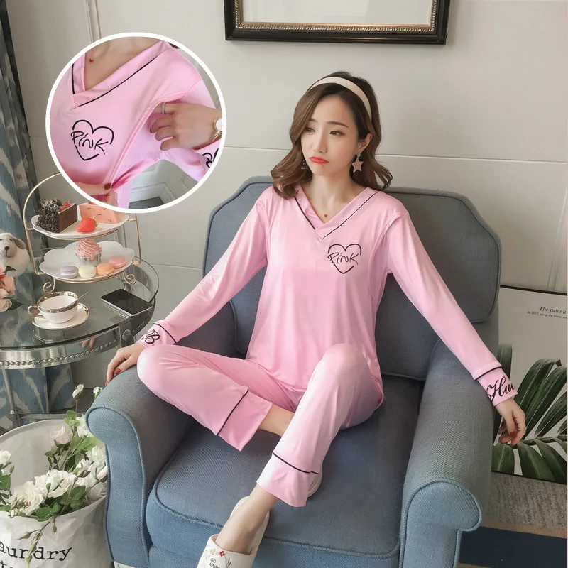 Pijamas de Algodão para as Mulheres Grávidas a Maternidade Rosa de Manga Conjuntos de Pijama de Enfermagem Dollplus Primavera Pijamas Roupa Longa 9 de Manga Longa Conjuntos de Pijama de Enfermagem