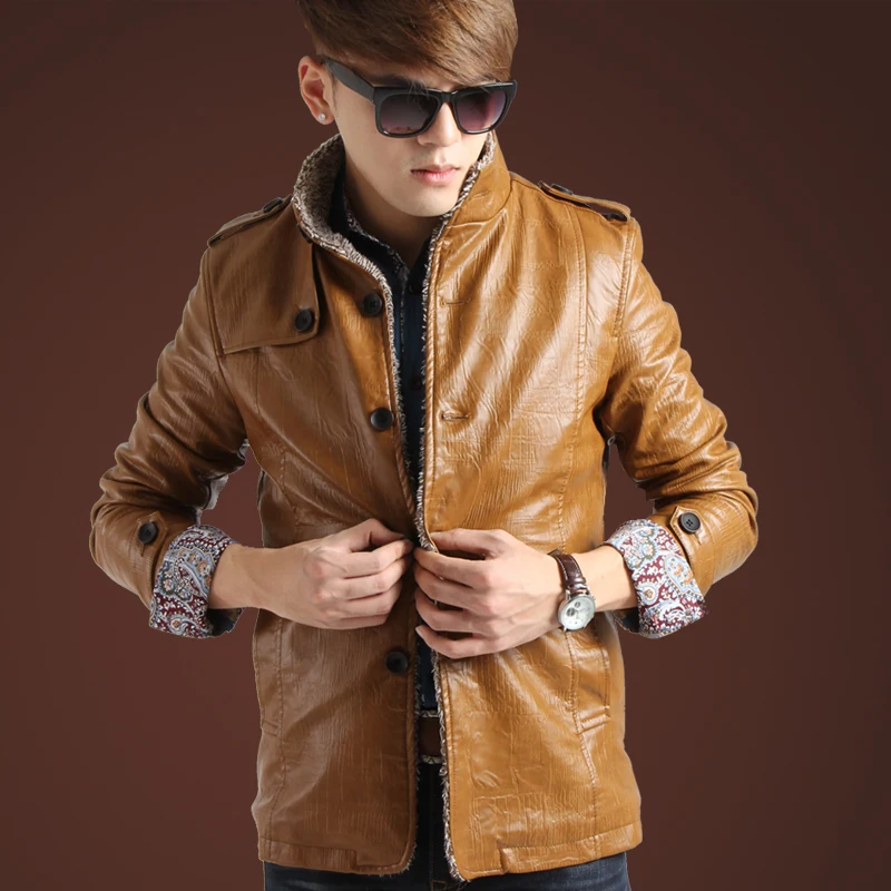 men's high end long winter warm leather jacket plus thick velvet padded