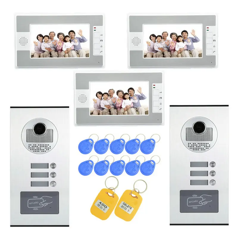 

(1 set) Home use 2 Camera to 3 display Video Doorphone RFID Card Unlock Function Access control Intercom system 700TVL Talkback