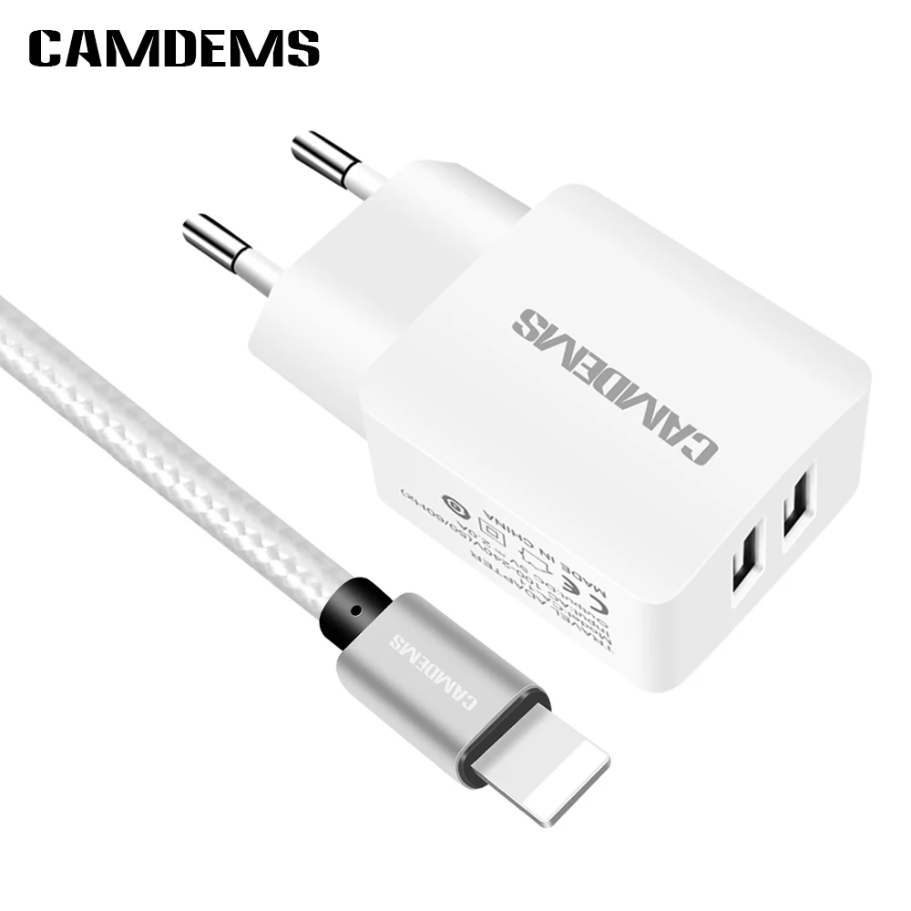 CAMDEMS 5V 2A EU дорожное настенное зарядное устройство + зарядный usb кабель для iPhone 8 7 6 6s