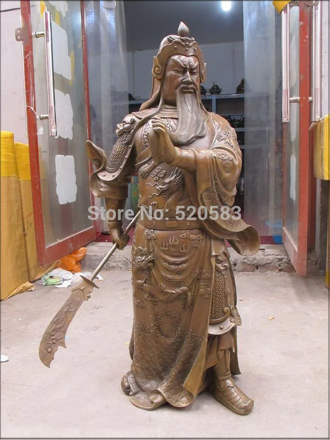 

free 39"China Bronze Sculpture dragon long Beautiful beard god knife Guan Gong Statue fast