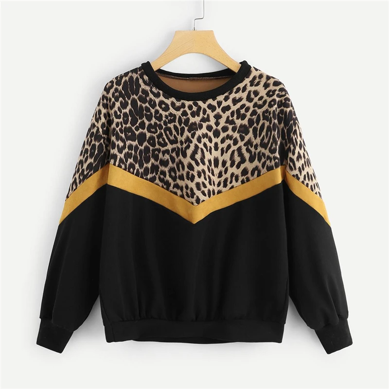 ROMWE, черная леопардовая толстовка с заниженным плечом, Женская Повседневная осенняя одежда, женские цветные пуловеры с длинным рукавом