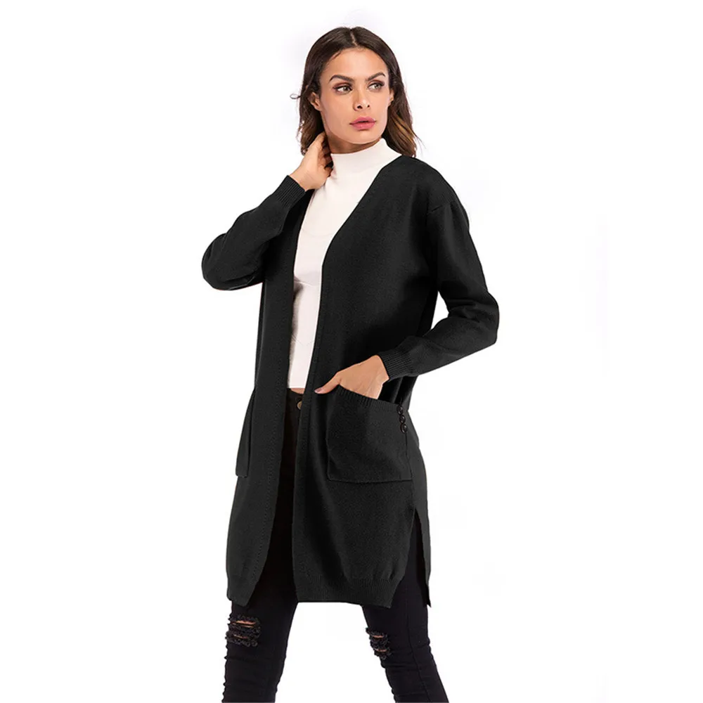 

Autumn and Winter New Jacket Women's Long Cut Knit Cardigan Double Pocket Solid Color Outerwear Coats