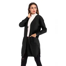 Autumn and Winter New Jacket Women's Long Cut Knit Cardigan Double Pocket Solid Color Outerwear Coats
