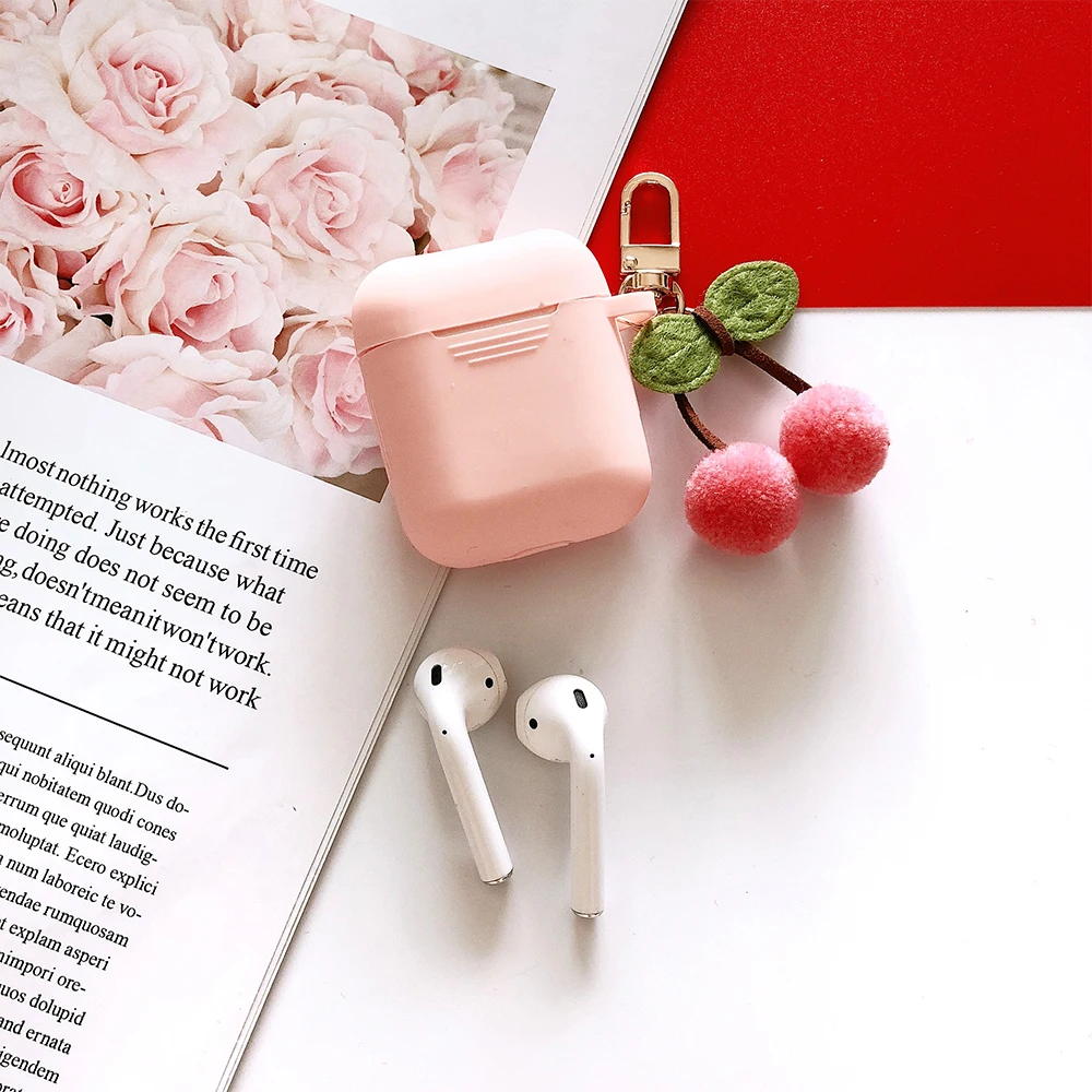 Cute Candy colors Plush Cherry Pendant For Apple New Airpods 2 Shockproof Case For Air Pods Charging Box TPU Silicone Cover Case