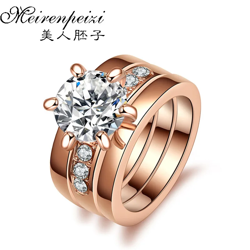 Set of 3 Rose Gold Stacking Rings Simple With Austrian Crystal Ring Zirconia Wedding Jewelry for Women | Украшения и аксессуары