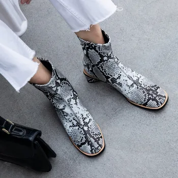 

MLJUESE 2020 women soft ankle boots sheepskin snake strip zippers square toe high heels boots winter short plush boots size 41