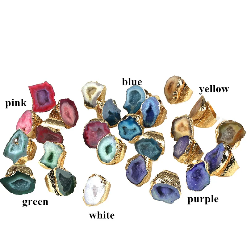 Gemstone Knobs Natural Open Cut Geode Crystal Gold Base Multicolor 2Pc Each Set 