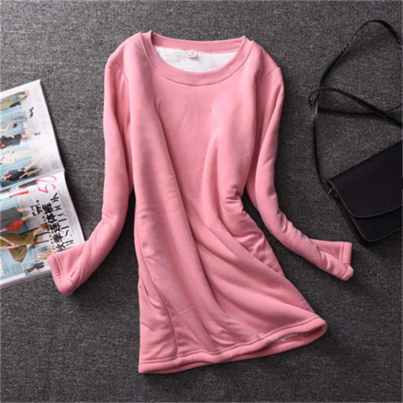 Autumn And Winter Plus Velvet Shirt Women Cashmere Warm Thick Long Sleeve Tee Shirt Female Casual Ladies Tops Tshirt Women Q1710 - Цвет: Pink