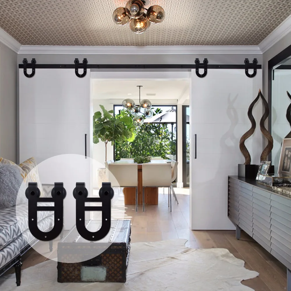 LWZH Sliding Barn Door Hardware Kit Black Steel Double Horseshoe Shaped Track Roller font b Closet