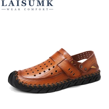 

LAISUMK Brand 2019 Genuine Leather Summer Soft Male Sandals Shoes For Men Breathable Light Beach Casual Quality Walking Sandal