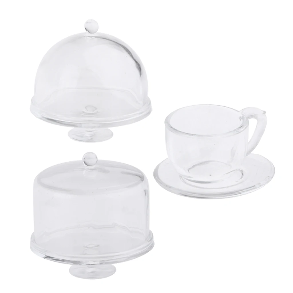 3pcs 1:12 Mini Acrylic Cake Display Plate with Cover Creative Decoration for Wedding Birthday Party