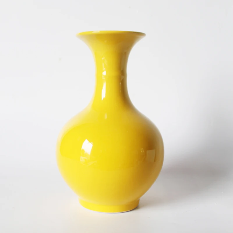 Yellow Vase Jingdezhen Ceramic Floret Bottle Pure Yellow Bathroom Vase Porcelain Furnishing