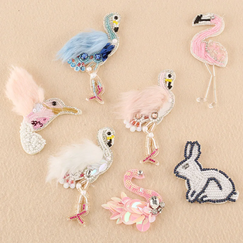 

1PC Rhinestone Flamingo Patch For Clothes Sewing On Cute Beaded Rabbit Applique patches DIY For Bag Shoes Sequin Motifs Applique