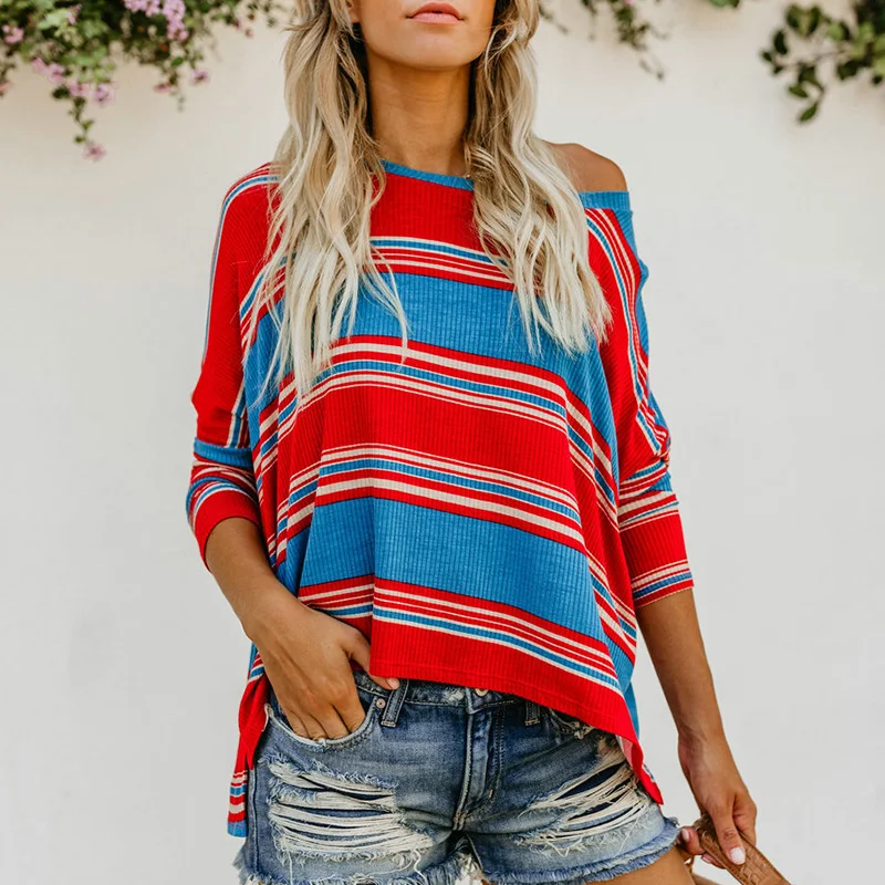 

Sexy Long Sleeve T Shirt Fall Clothing For Women O Neck Shirts Colorful Striped Tops Casual Loose Streetwear Autumn Clothes Tees
