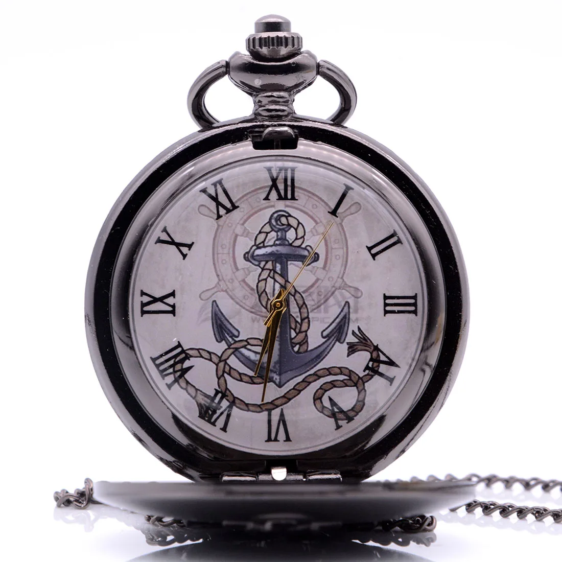 

Drop Shipping Vintage Antique The Rudder Anchors Quartz Pocket Watch Analog Pendant Necklace Mens Womens Black Regarder Gift