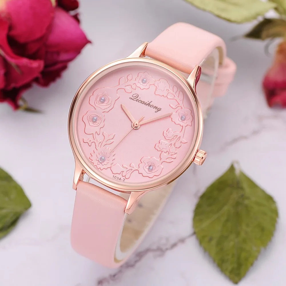 3D Embossed Flowers Watches For Women Pearls Macaron Leather Girls Creative Quartz Clock Ladies Bracelet Wrist Watch