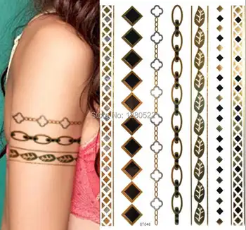 

4sheets 21x15cm large geometric jewellery inspired tattoo arm chain leaves Gold black Metallic tattoo Temporary Flash Tattoo