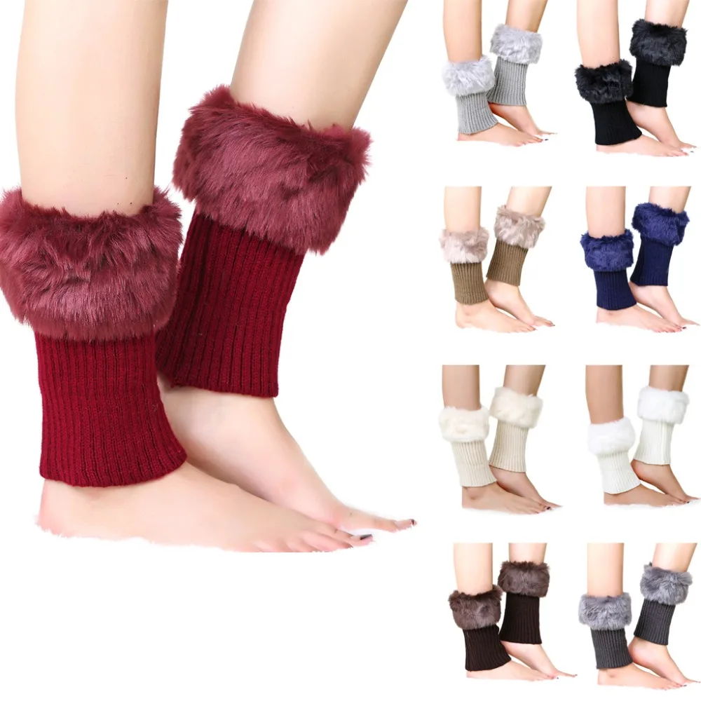 Hot Sale Fashion Womens Winter Warm Knit Fur Trim Leg Warmers Boot