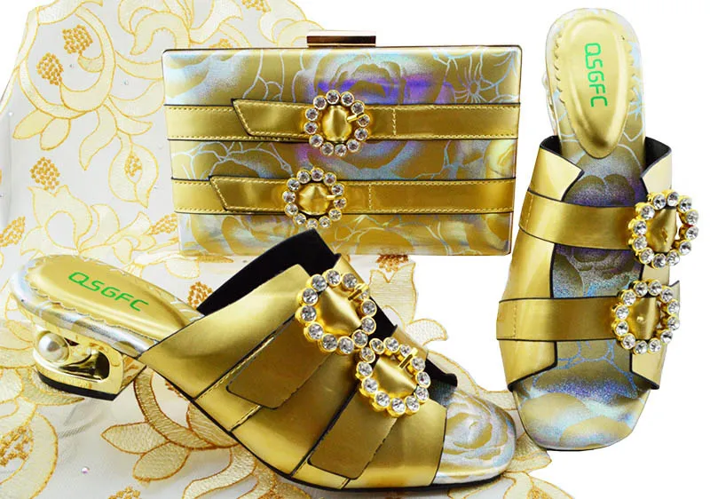 

QSGFC New Italian Matching Shoes And Bag Set Gold color African Strange Style Shoes And Bag Sets For Wedding Dress Cheap Price