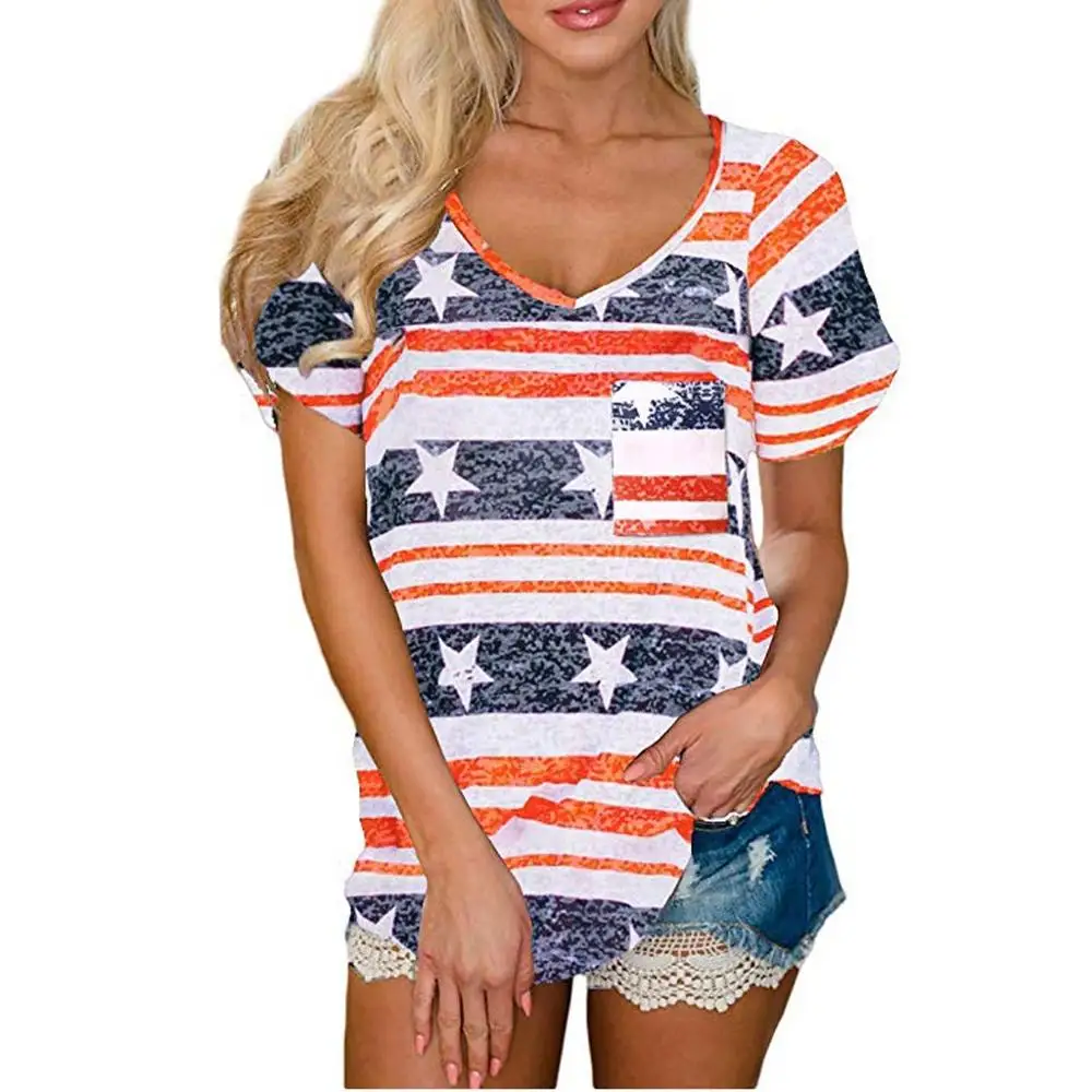 Women Short Sleeve Patriotic Stripes Star American Flag Pocket T Shirt ...