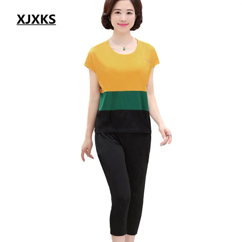 XJXKS Chiffon Cor Patchwork Moda Feminina Define 2 Peças de Roupas definir o Tamanho Grande XL 5XL Verão Mulheres Casual Tops + Pants 808