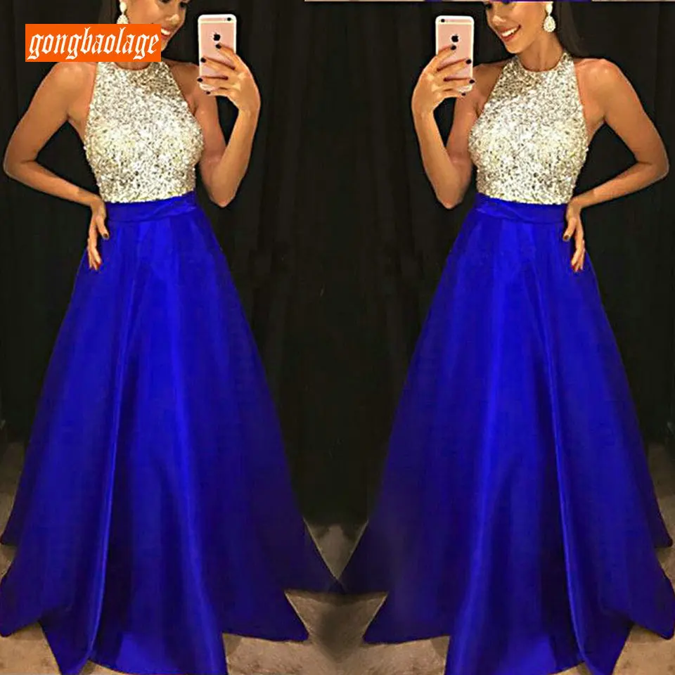 

glitter Royal Blue Party Evening Dresses Long 2019 Black Evening Gown Halter-Neck Satin Backless A-Line Bling Formal Dress Prom