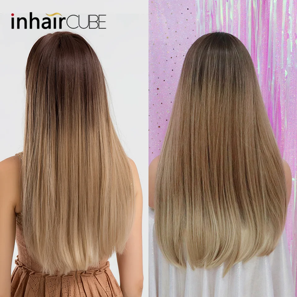 Inhair Cube 22 Women Synthetic Wigs With Bangs Brown Ombre Long