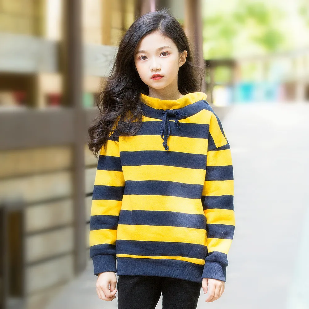 

Teenage Kids Fleece Sweatshirt Autumn Winter Thick Striped Casual Sweatshirt for Girls Tops 12 Year Kids Outfits Children Hoodie