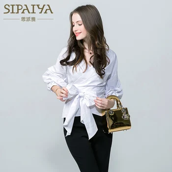 

SIPAIYA 2017 Spring New Womens Blouse Sexy Deep V Neck Womens Top tees With Belt Polka Dot Print Womens Shirt