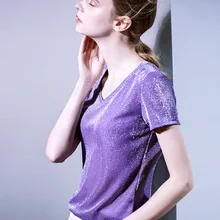 Европа новые летние Для женщин модные Свободные Сексуальная V шеи короткий рукав Bling футболка Топы Женский фиолетовый плюс Размеры футболки