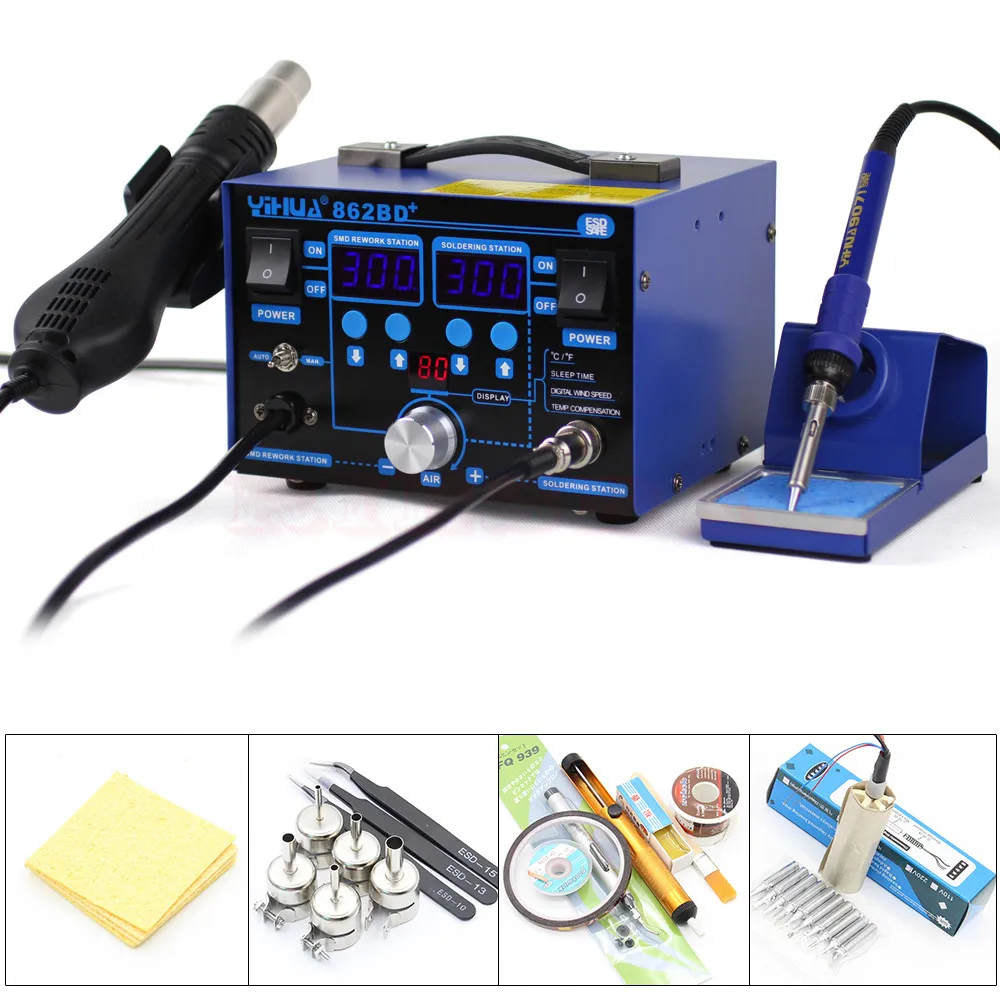 YIHUA 862BD+ 110 В/220 В 720 Вт 2 в 1 SMD паяльная станция горячего воздуха пистолетный паяльник