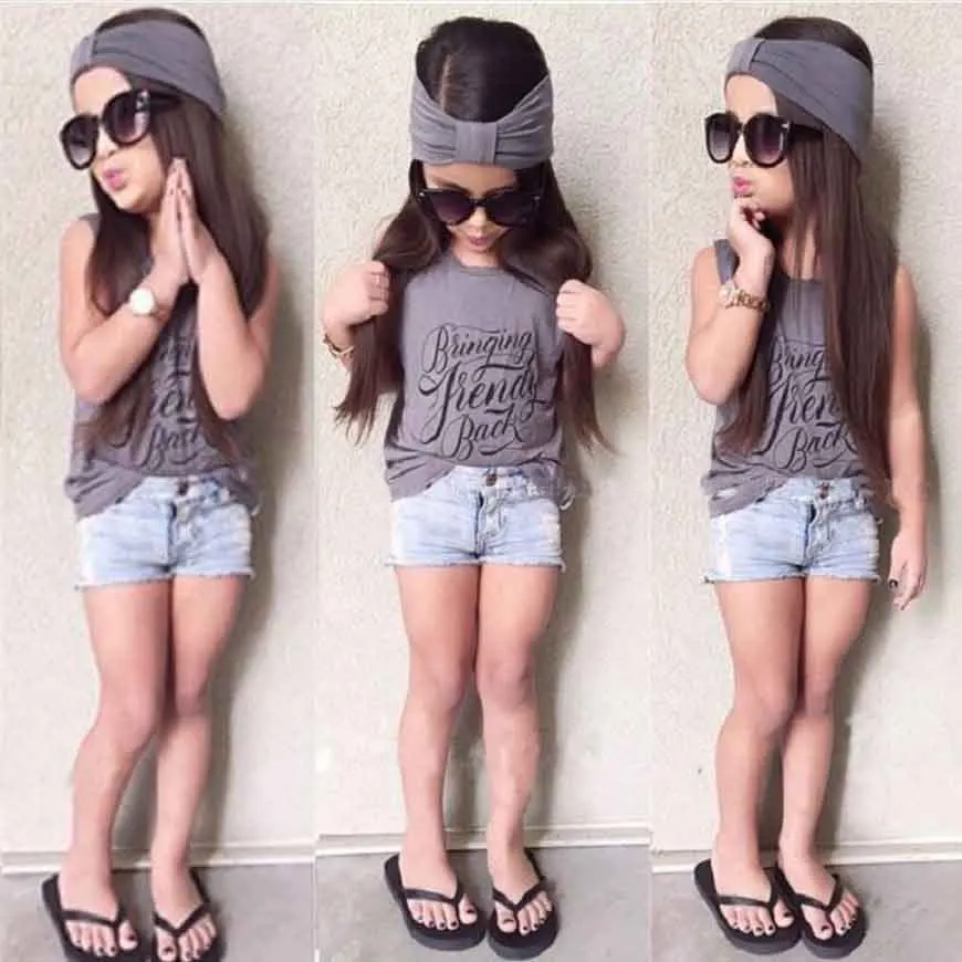 kids designer brand kids girl clothes set ,Sleeveless T-shirt with  letter + denim shorts +headwear children girl clothing set