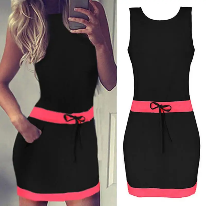 

2019 new fashion Women Fashion Sleeveless Double Color Splicing Bowknot Tunic Mini Dress Skinny Dress #5
